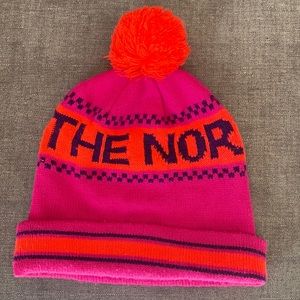 Hot Pink and Neon Orange North Face Beanie with Pom Pom